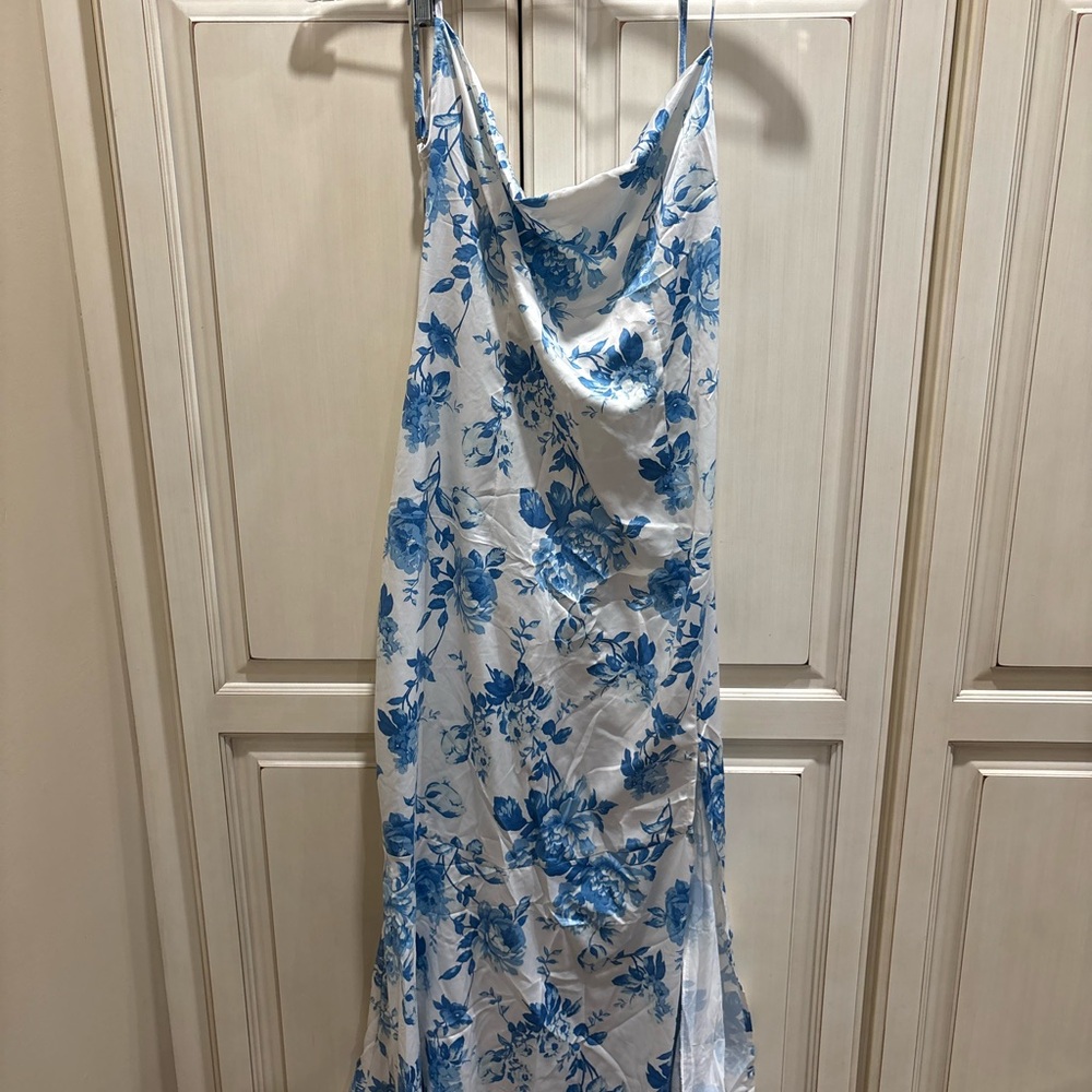 Cider Light Blue Floral Maxi Dress with open back and straps